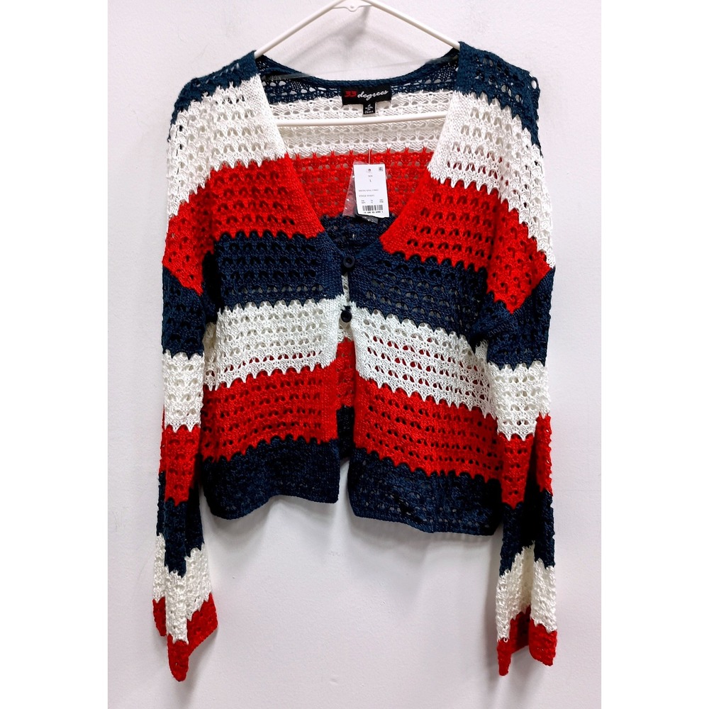 33 Degrees Cardigan Sweater Womens Large Americana Red White Blue Open Knit